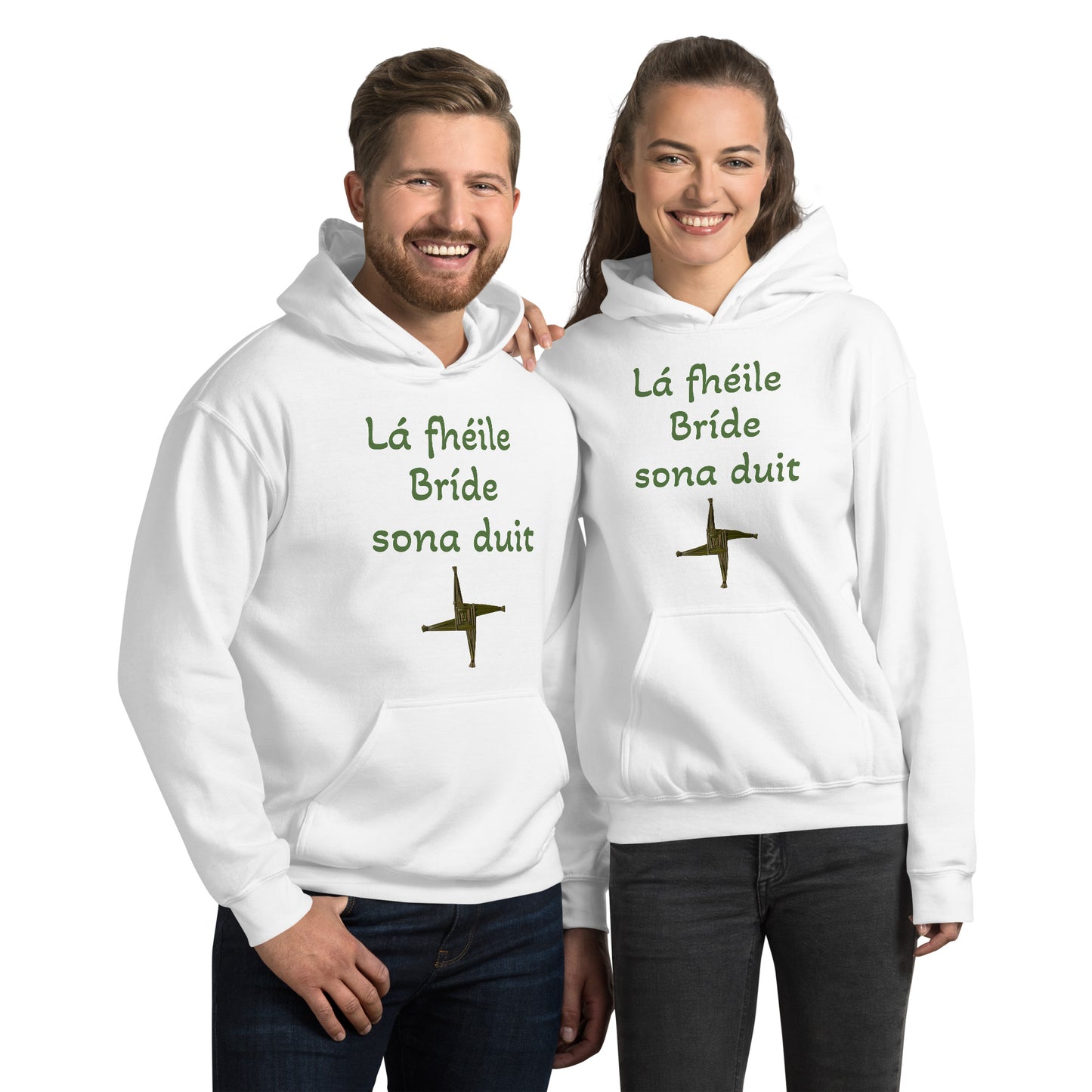 Lá Fhéile Bríde sona duit (Happy St Brigid's Day) Irish Language White Unisex Hoodie (Free Shipping)