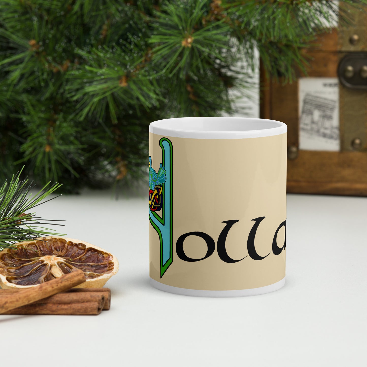 Nollaig (Noel) - Personalized white glossy mug (blue design) with Irish name Nollaig (Free Shipping)