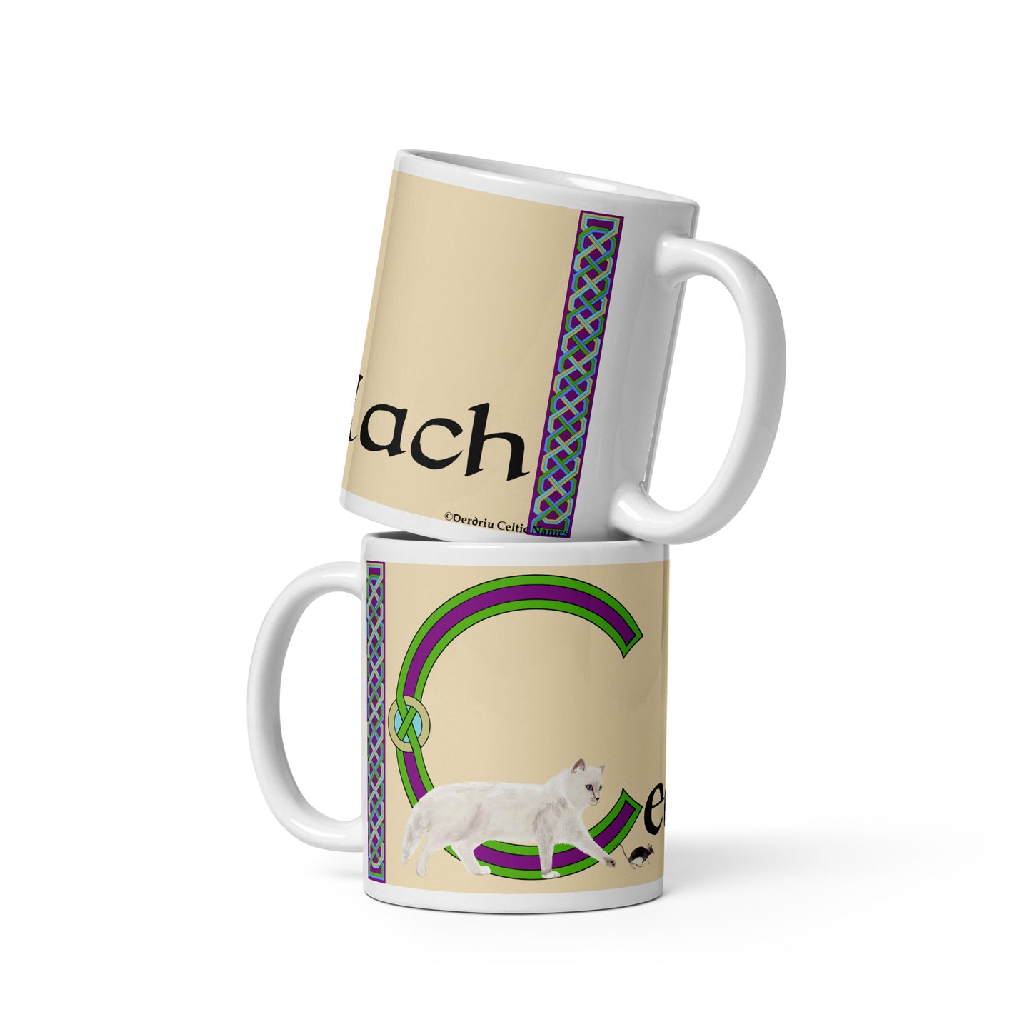 Ceallach (Kelly) Irish Language Personalized White Glossy Mug (Cat Design) (Free Shipping)