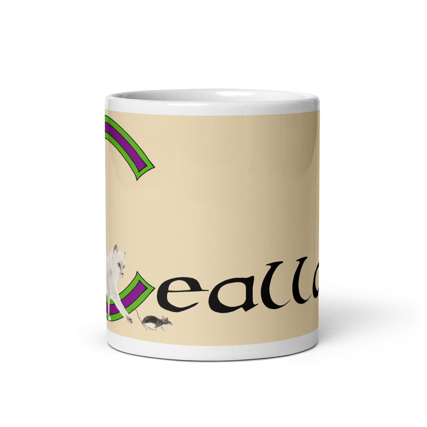 Ceallach (Kelly) Irish Language Personalized White Glossy Mug (Cat Design) (Free Shipping)