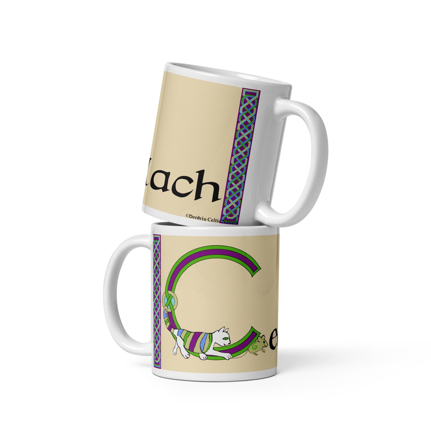 Ceallach (Kelly) Irish Language Personalized White Glossy Mug (Cartoon Cat Design) (Free Shipping)