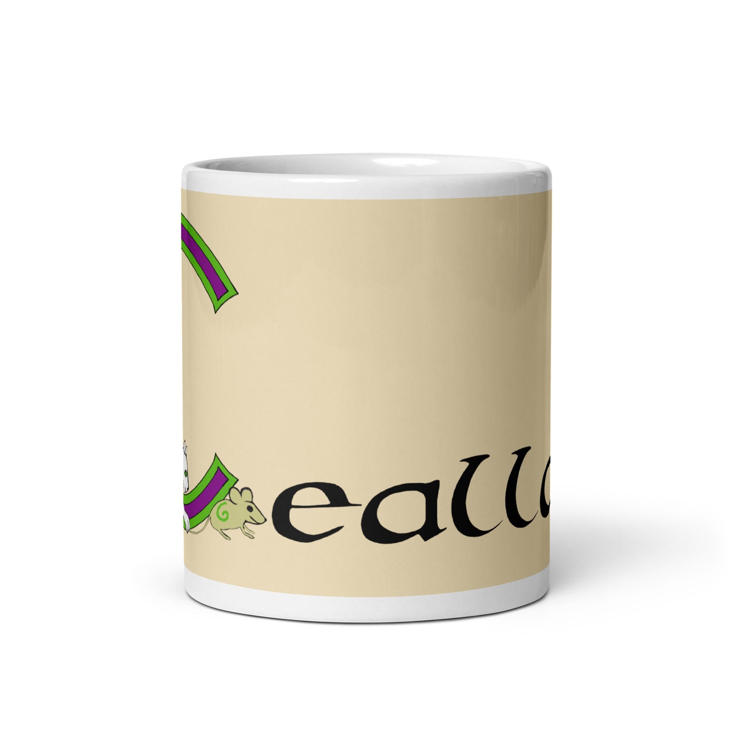 Ceallach (Kelly) Irish Language Personalized White Glossy Mug (Cartoon Cat Design) (Free Shipping)