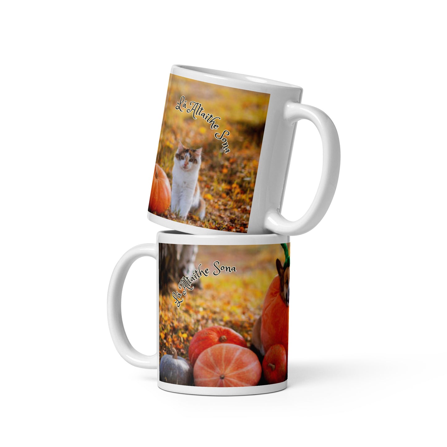 Lá Altaithe Sona (Happy Thanksgiving) Irish Language White Glossy Mug (Dog, Cat and Pumpkin Design)