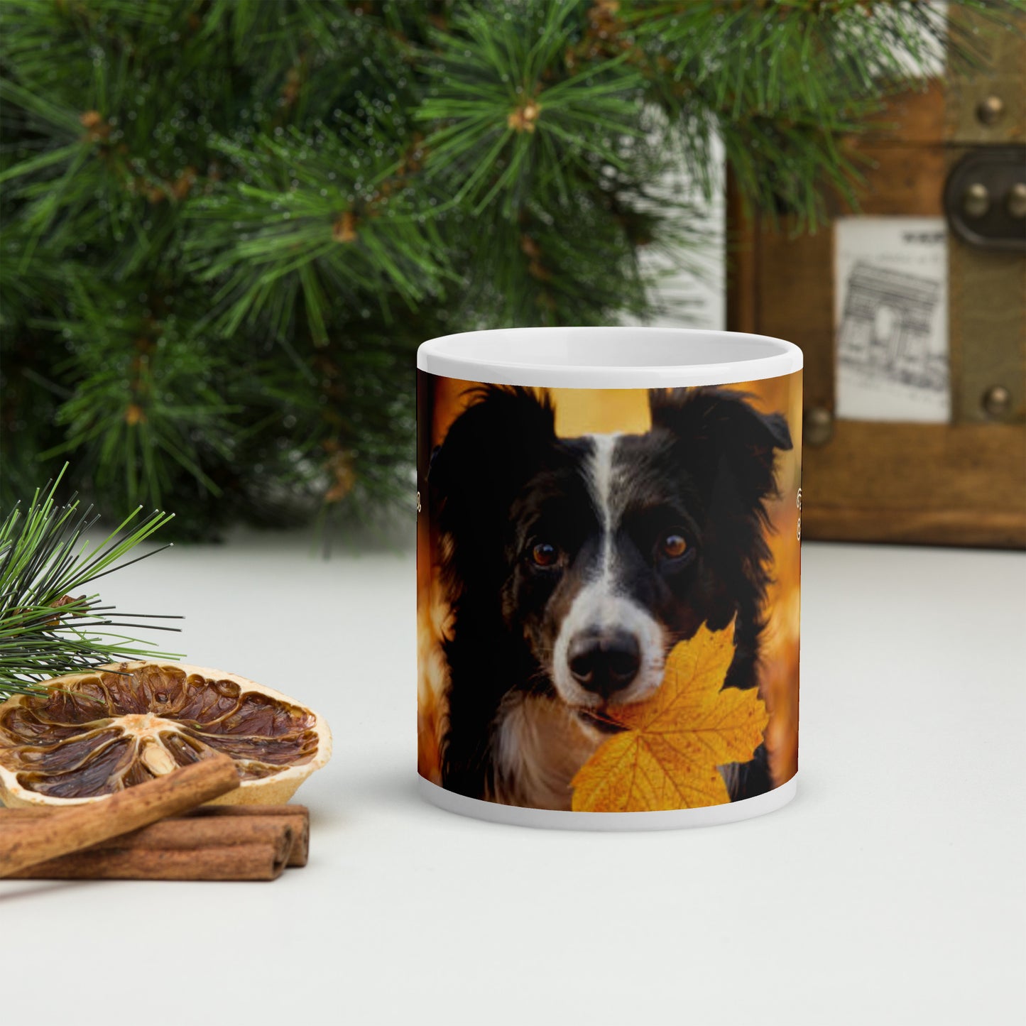 Fómhar Sona Sásta (Very Happy Autumn) Irish Language White Glossy Mug (Border Collie Design)