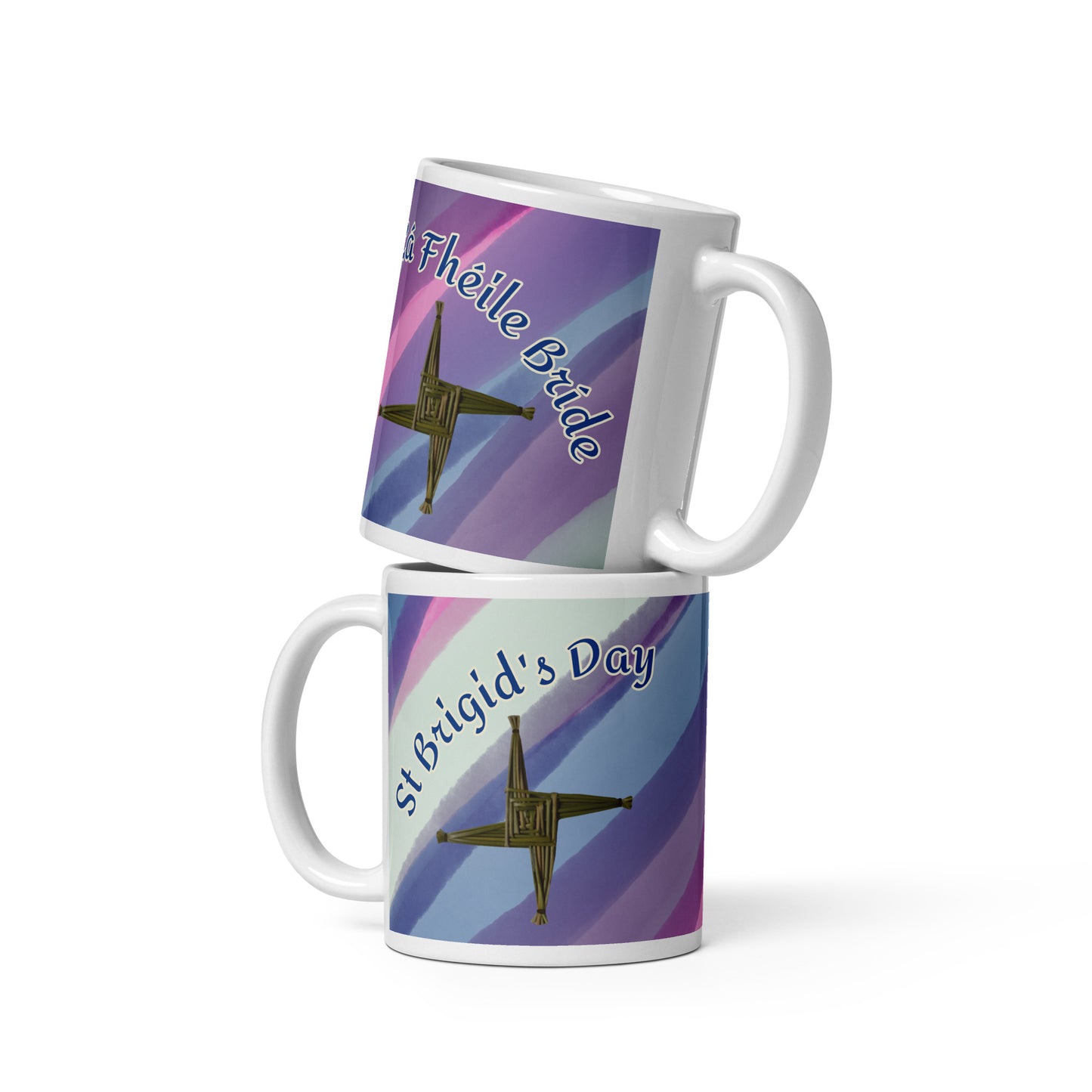 Lá Fhéile Bríde (Happy St Brigid's Day) Irish Language White Glossy Mug (Cross Design)