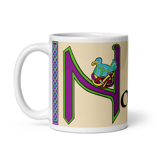 Nollaig (Natalie) - Personalized white glossy mug (purple design) with Irish name Nollaig (Free Shipping)