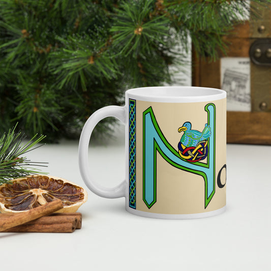 Nollaig (Noel) - Personalized white glossy mug (blue design) with Irish name Nollaig (Free Shipping)