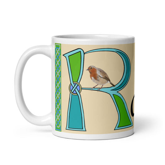 Roibín (Robin) - Personalized white glossy mug (blue design) with Irish name Roibín (Free Shipping)