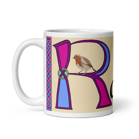 Roibín (Robin) - Personalized white glossy mug (pink design) with Irish name Roibín (Free Shipping)