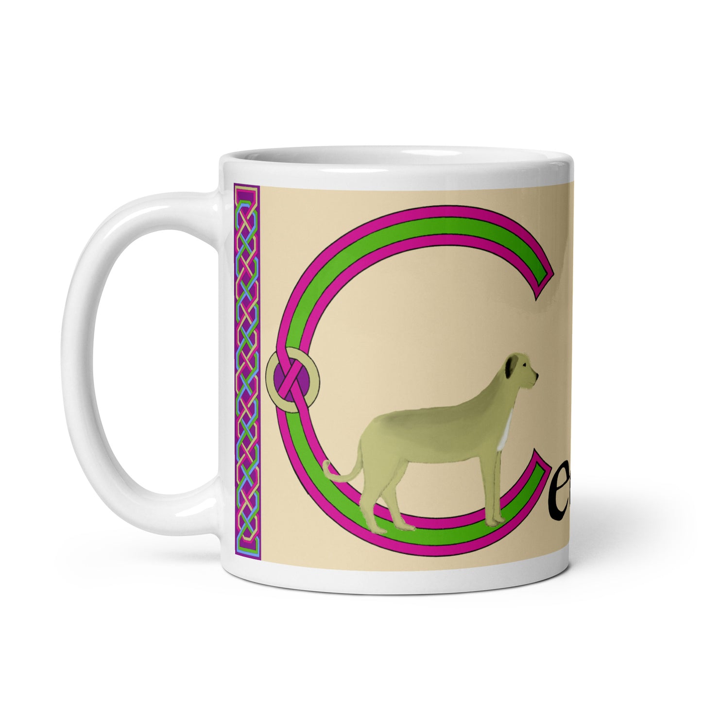 Ceallach (Kelly) Irish Language Personalized White Glossy Mug (Dog Design) (Free Shipping)