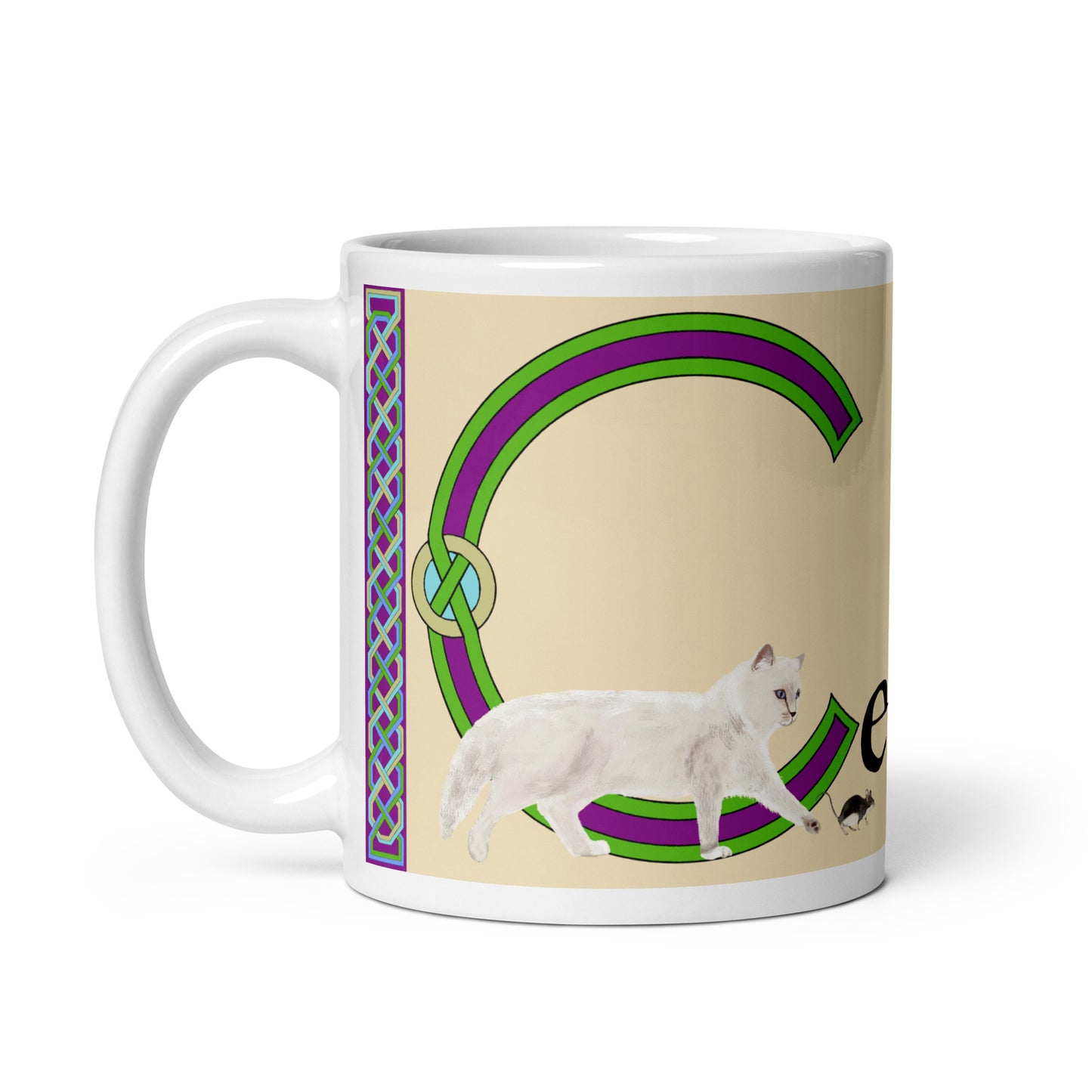 Ceallach (Kelly) Irish Language Personalized White Glossy Mug (Cat Design) (Free Shipping)