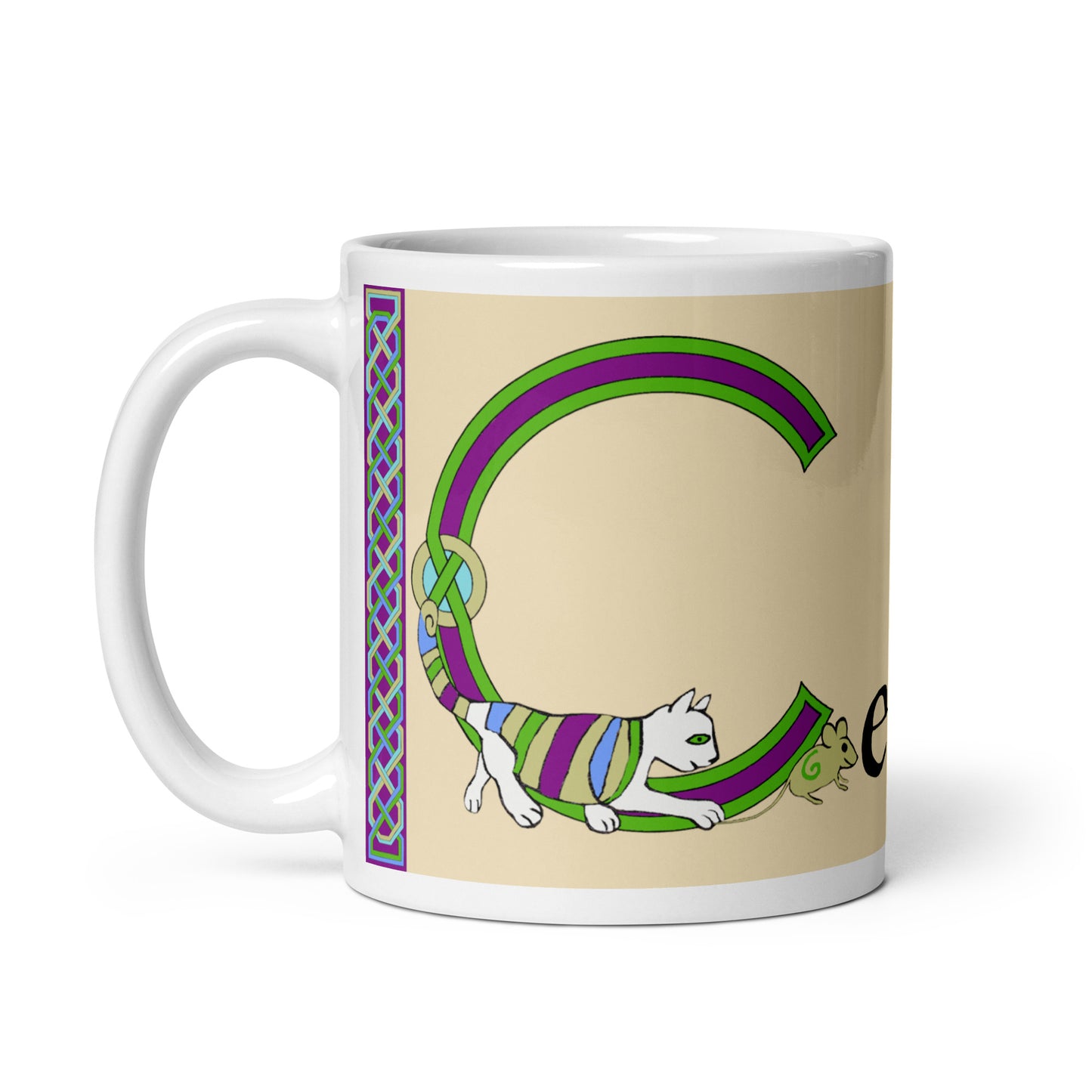 Ceallach (Kelly) Irish Language Personalized White Glossy Mug (Cartoon Cat Design) (Free Shipping)