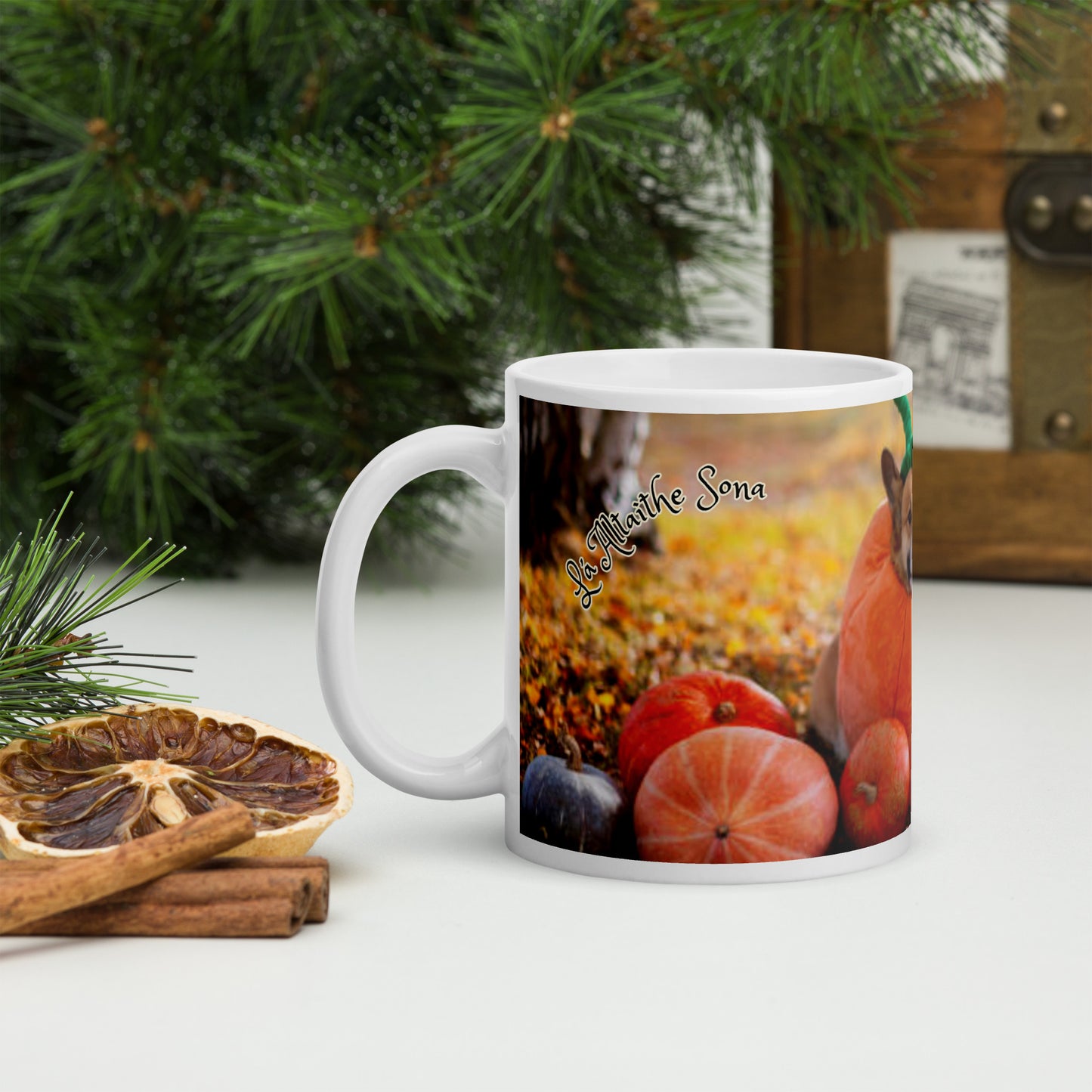 Lá Altaithe Sona (Happy Thanksgiving) Irish Language White Glossy Mug (Dog, Cat and Pumpkin Design)