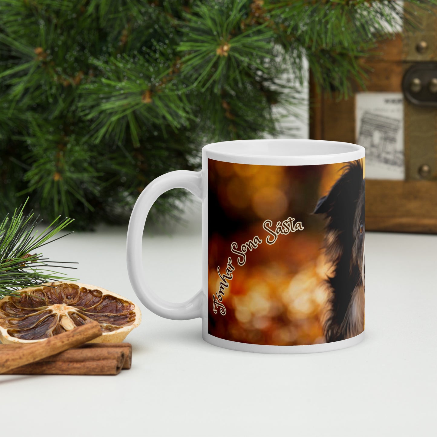Fómhar Sona Sásta (Very Happy Autumn) Irish Language White Glossy Mug (Border Collie Design)