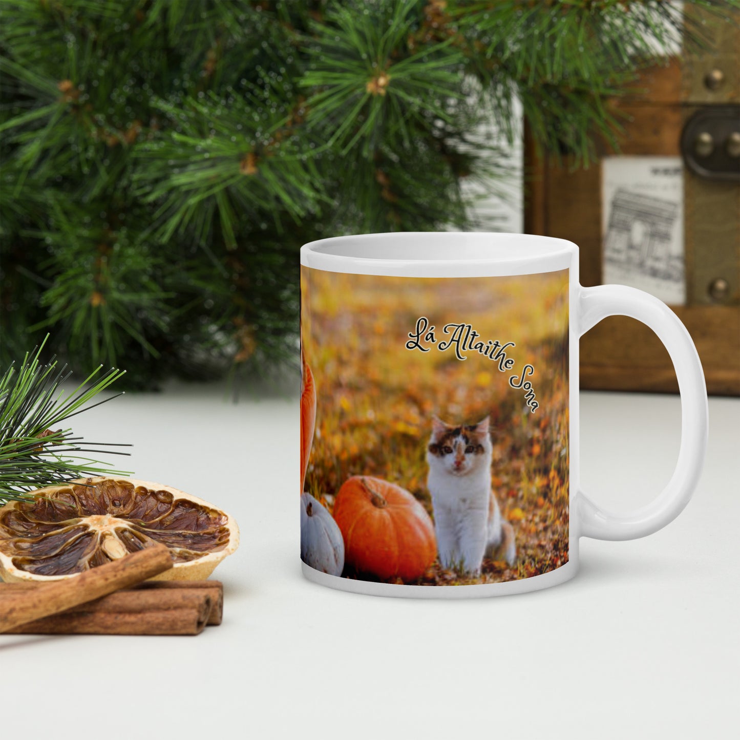Lá Altaithe Sona (Happy Thanksgiving) Irish Language White Glossy Mug (Dog, Cat and Pumpkin Design)