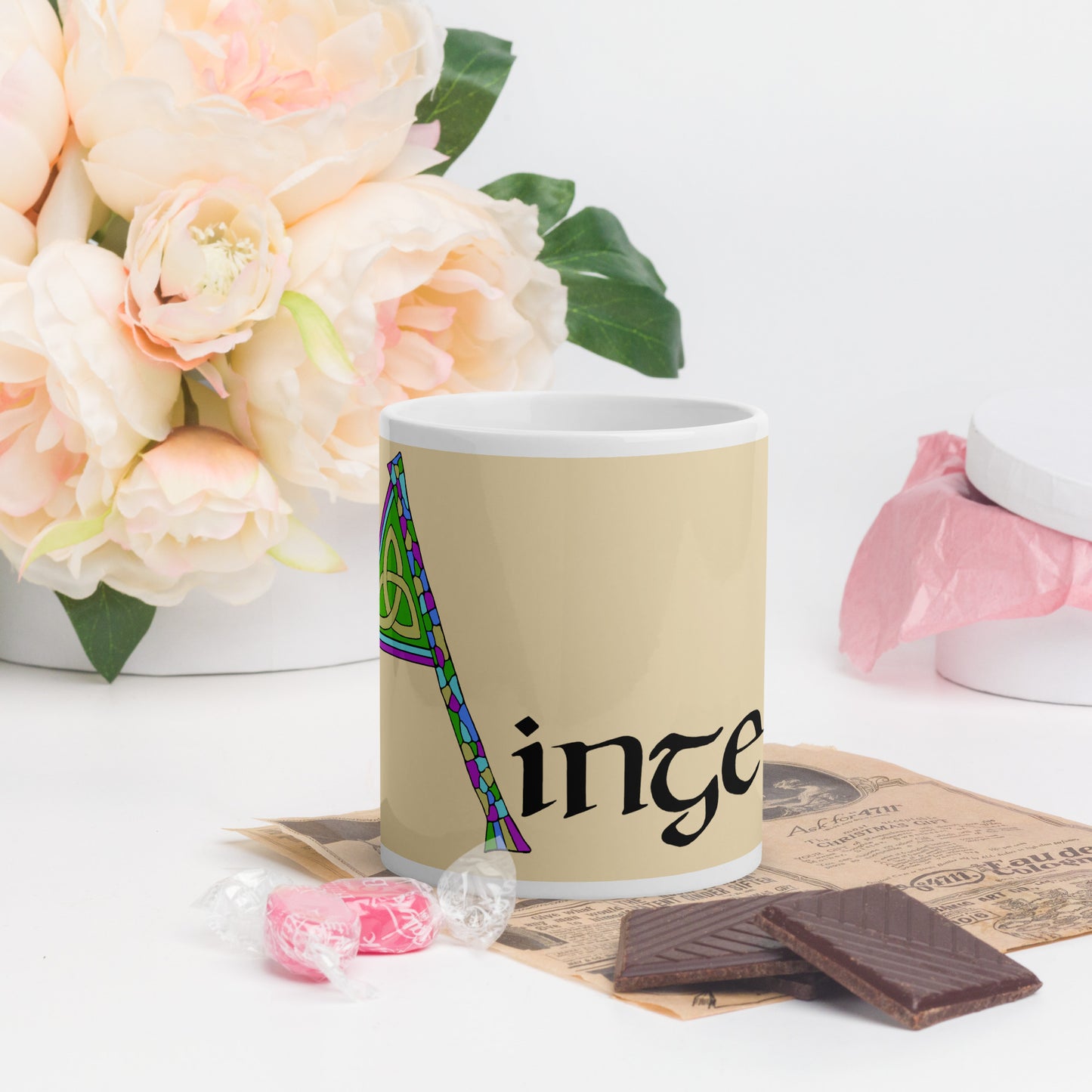 Aingeal (Angela) - Personalized white glossy mug with Irish name Aingeal (Free Shipping)